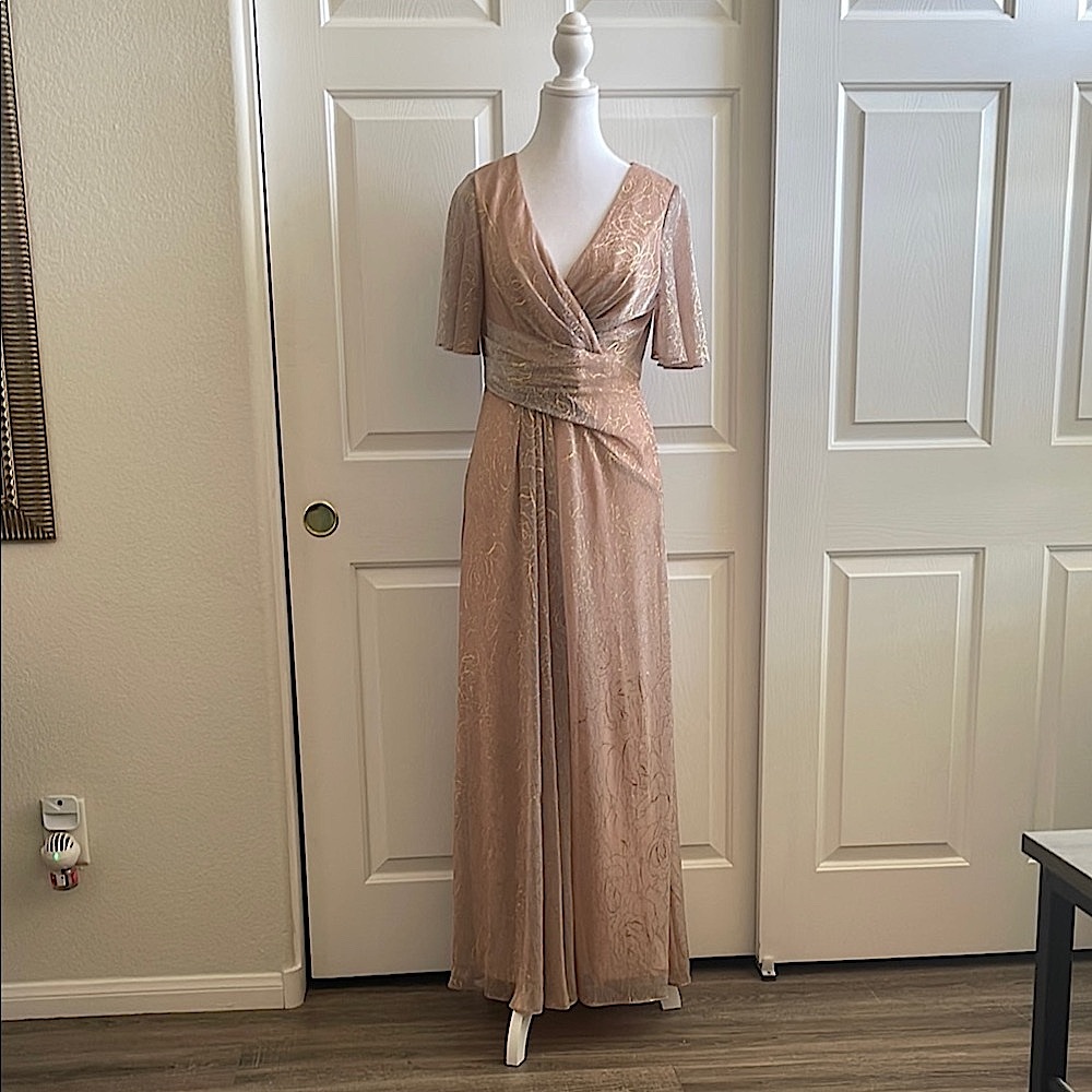 Adrianna Papell Pink Flutter Sleeve Maxi Gown